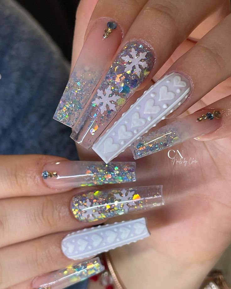 Whimsical Nail Design with Translucent Materials, Sparkling Glitter, and Seasonal Motifs