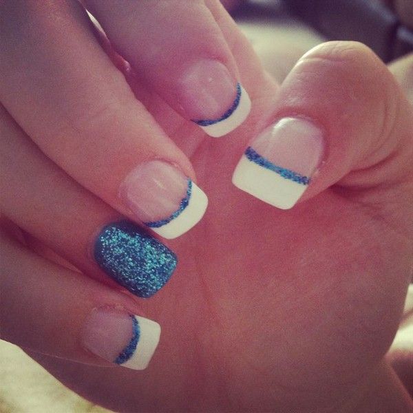 Elegant Chic French Manicure with Glamorous Blue Accents and Glitter