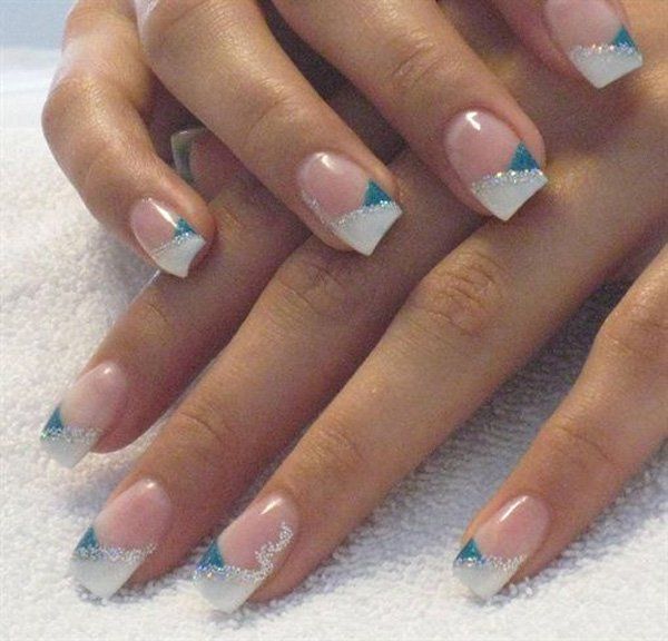 Chic French Tip Nail Design with Turquoise and Silver Glitter Accents