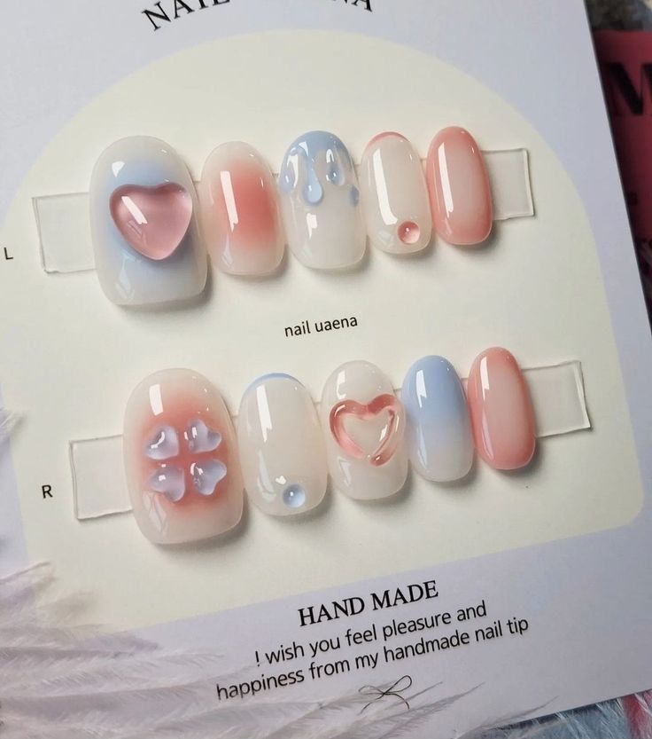 Whimsical Handmade Nail Art: Playful Pastel Designs with Heart Shapes and Droplet Accents