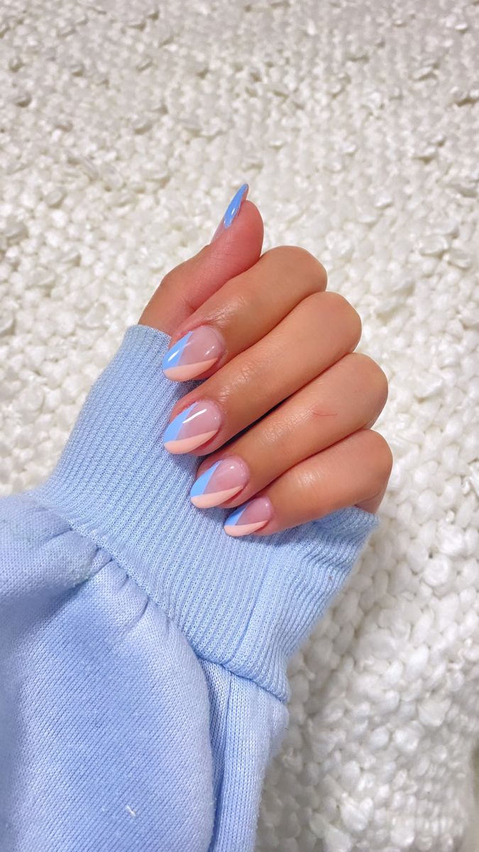 Sophisticated Almond-Shaped Nail Design with Pastel Blue and Nude Blend.