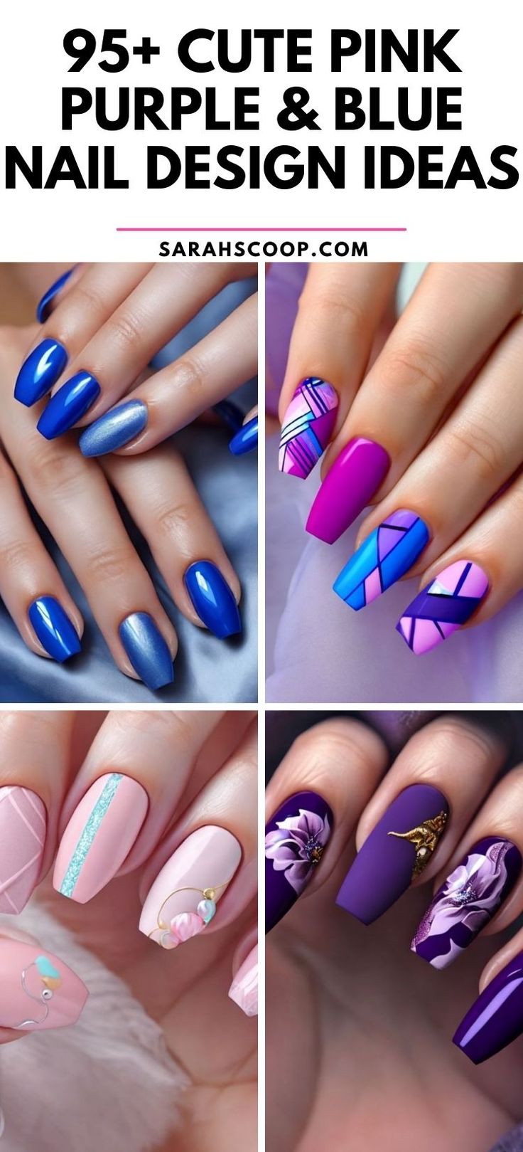 Vibrant Nail Design Ideas in Pink, Purple, and Blue: Bold Finishes and Elegant Accents