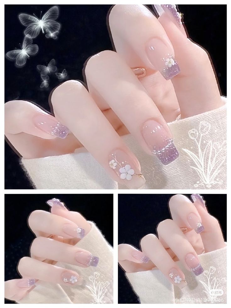 Chic Ombre Nail Art: Nude to Lavender with Floral and Glitter Accents