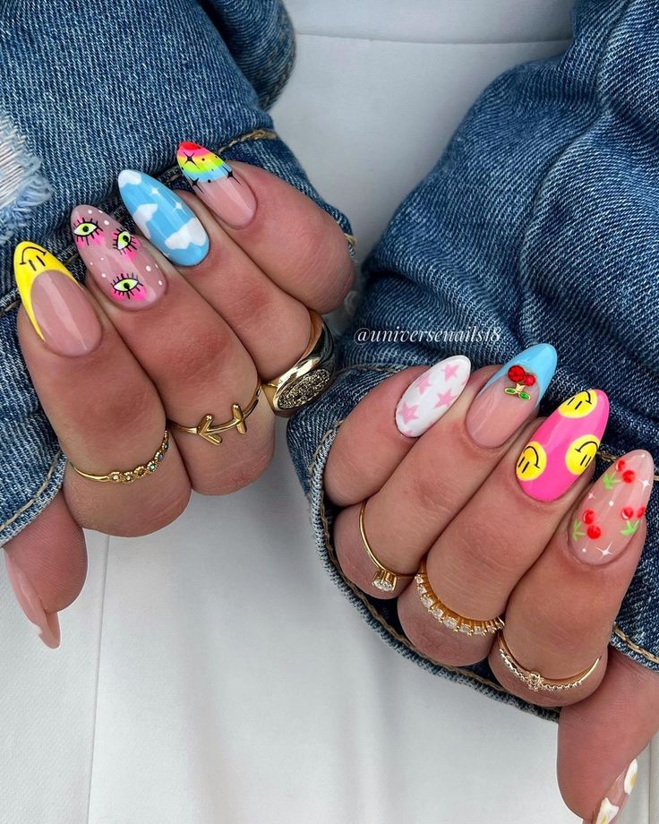 Playful and Vibrant Nail Designs: A Whimsical Mix of Colors and Patterns.