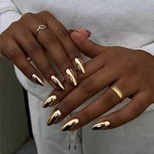 Elegant Glossy Golden Almond Nails with Delicate Rings.