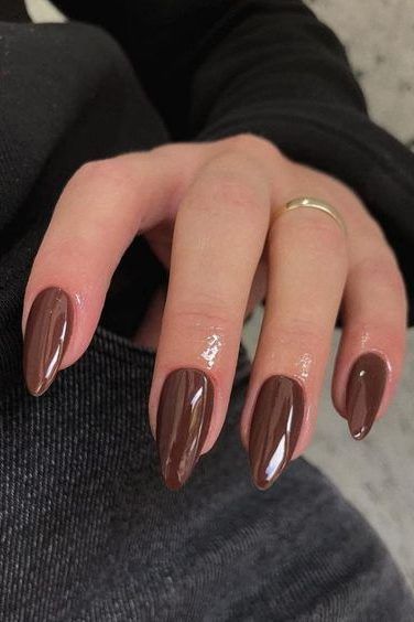 Sophisticated Almond-Shaped Nails in Deep Glossy Brown Perfect for Fall Occasions