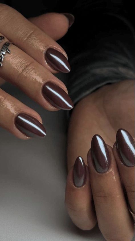 Sleek Almond-Shaped Nails in Glossy Deep Brown with Metallic Tips for Versatile Elegance.