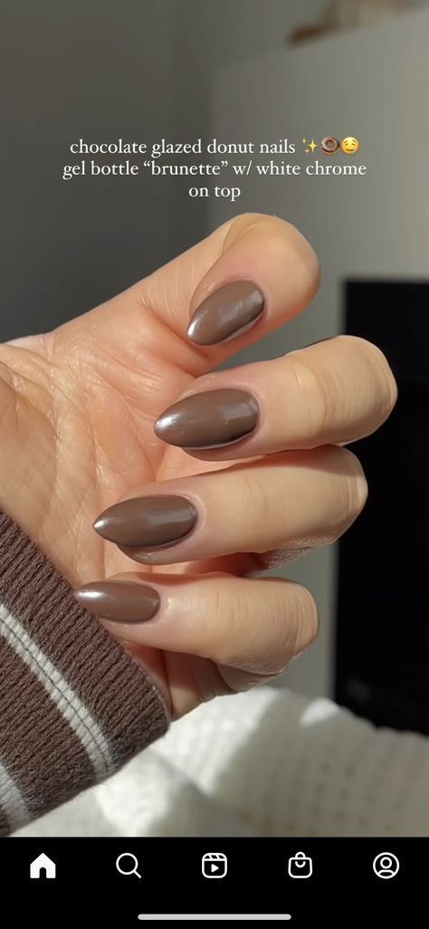 Chic Chocolate Glazed Donut Nails: Elegant Almond Shape with Glossy Finish and White Chrome Accents.