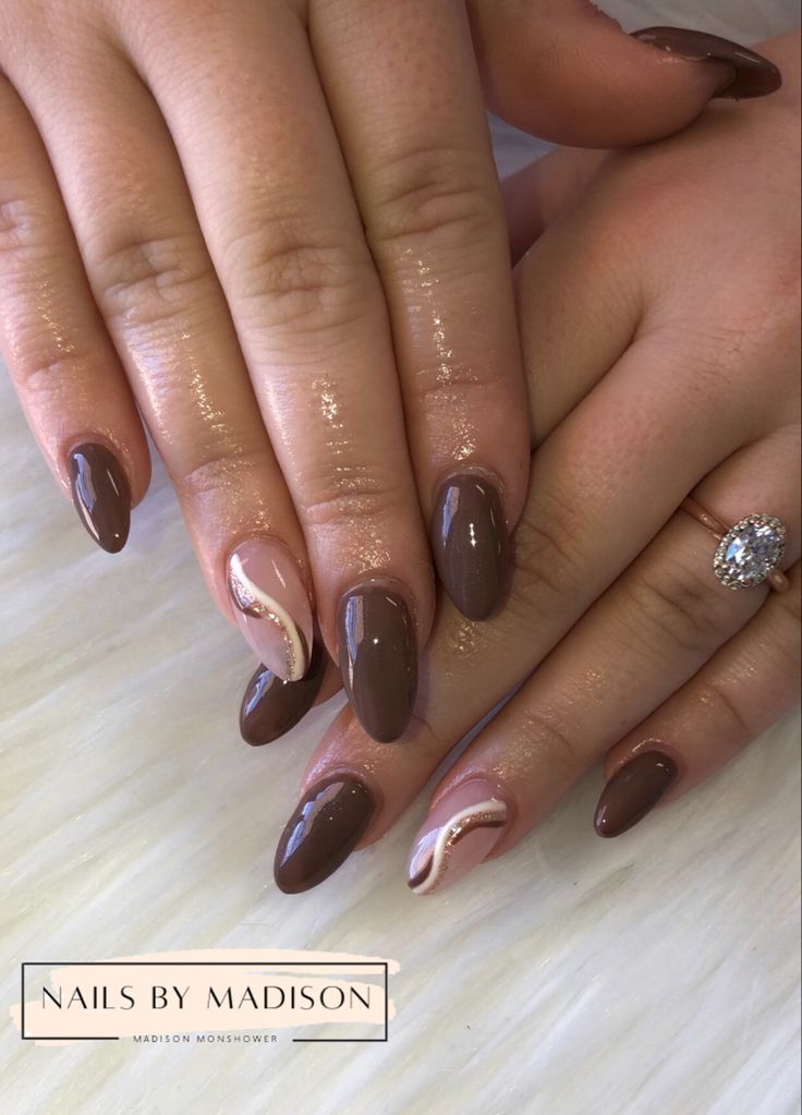 Chic Brown and Creamy Nude Swirl Manicure for Modern Elegance.