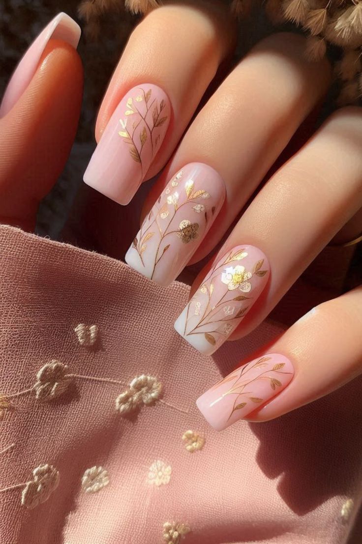 Sophisticated Floral Nail Design with Soft Pink Hues and Gold Accents for Versatile Occasions.