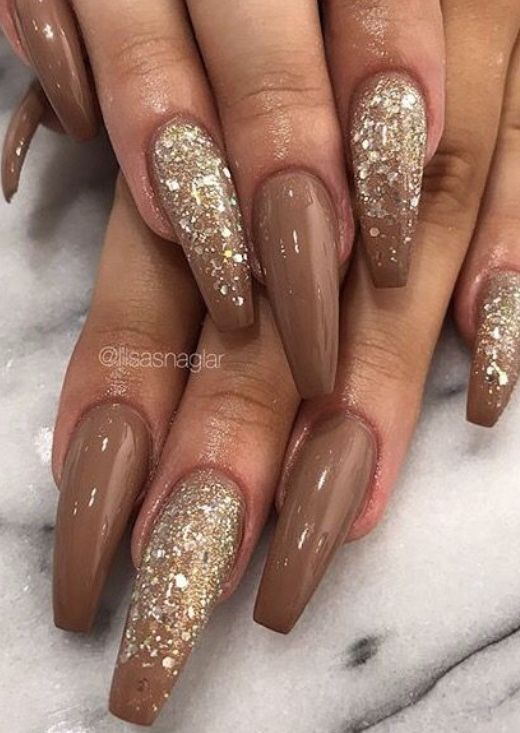 Elegant Almond-Shaped Nail Design: Matte Taupe with Glitter Accents