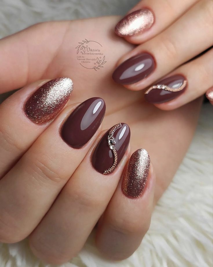 Chic Brown and Rose Gold Nail Design with Matte Tips and Glamorous Accents