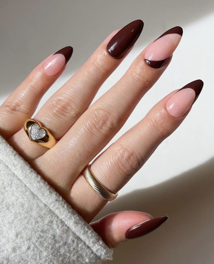 Chic Deep Brown and Soft Pink Nail Design Enhanced by Delicate Rings.