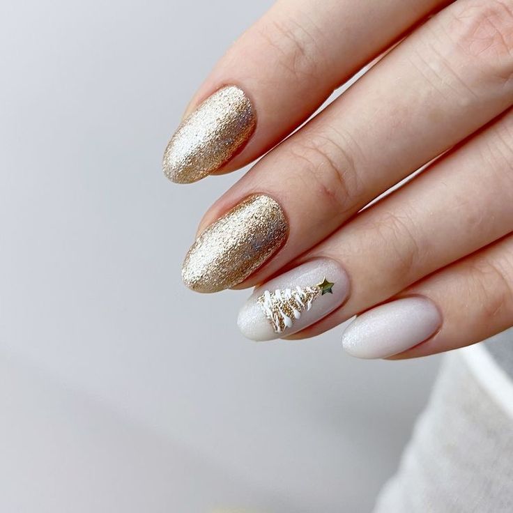 Elegant Holiday Nail Design: Shimmering Gold with Christmas Tree Accent.