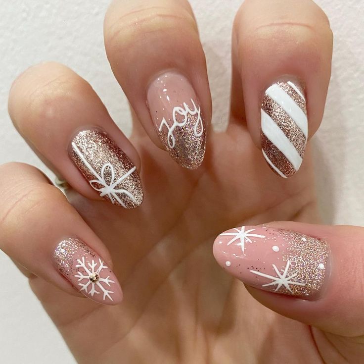 Elegant Holiday Nail Design: Glittery Rose Gold and Soft Pink with Festive Patterns