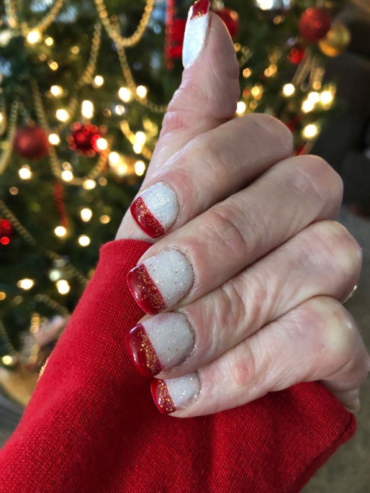 Chic Holiday Nail Art: Sparkling White with Vibrant Red Tips for Festive Celebrations