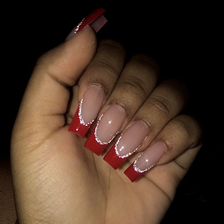 Chic Red and Nude Ombre Nails with Glamorous French Tips