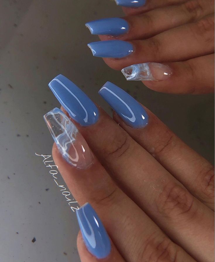 Sophisticated Elegant Blue Nails with Glossy Finish and Marbled Translucent Overlay.