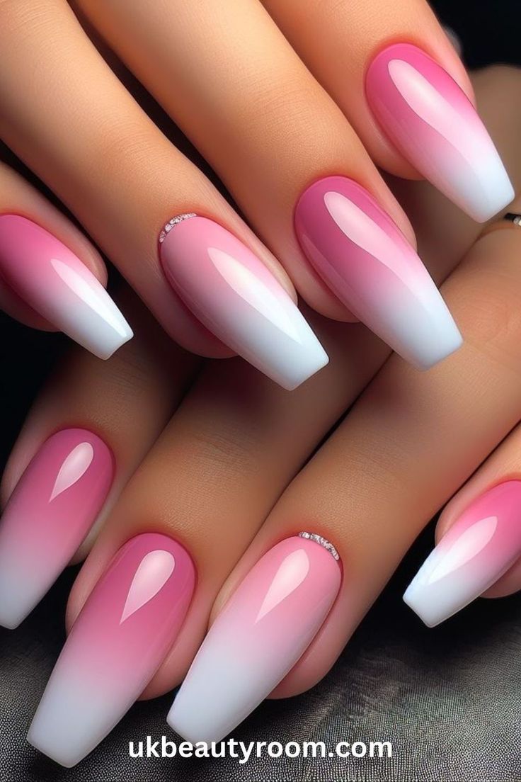 Elegant Ombre Nail Design with Rhinestones: A Chic Gradient from Soft Pink to Crisp White