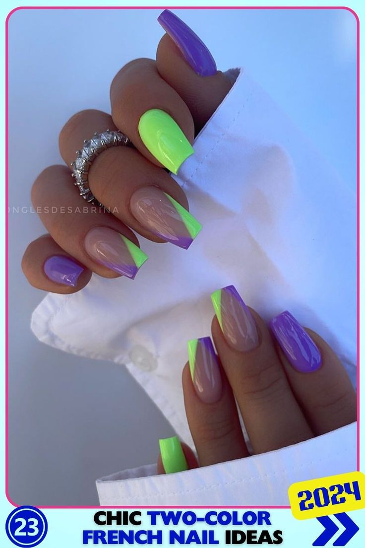 Playful Two-Tone French Manicure: Striking Purple and Neon Green Tips on a Nude Base.