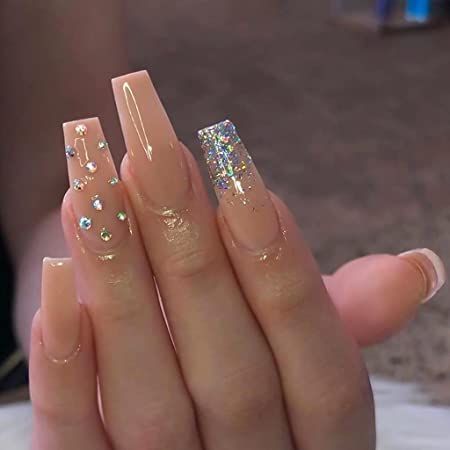 Chic Elegant Nude Nails: Glossy Finish with Sparkling Rhinestones and Holographic Glitter Accents.