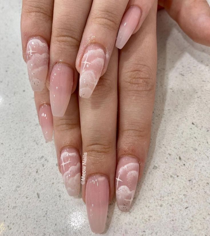 Dreamy Cloud-Inspired Nail Design with Soft Pink Hues and Elegant Accents.