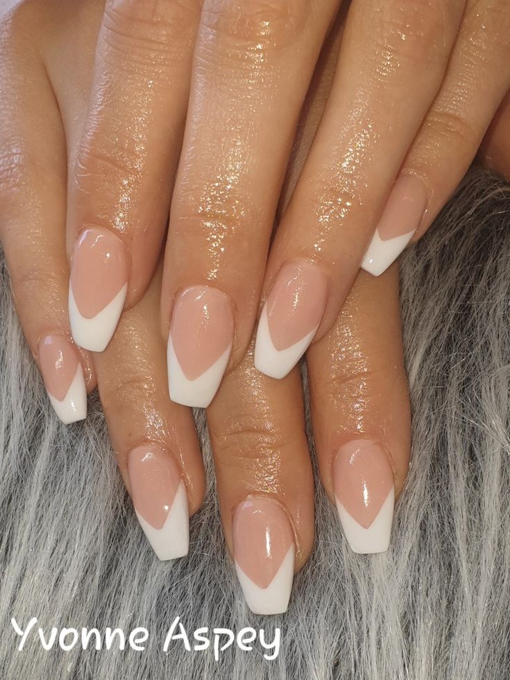 Elegant Nude and White V-Tip Nail Design for a Modern Sophistication.