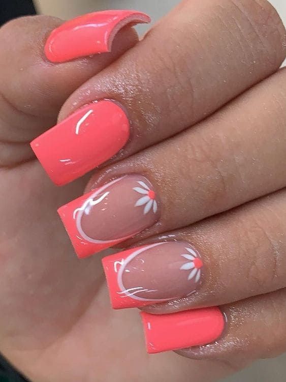 Vibrant Coral Nail Design with Glossy and Matte Finishes, Highlighted by Delicate White Floral Patterns.