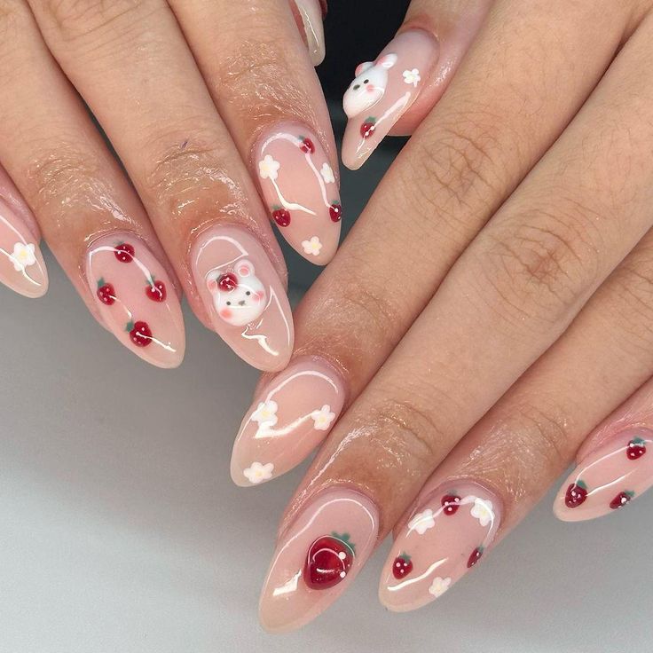 Charming Cherry Nail Art with Whimsical Animal Motifs for a Cheerful Summer Look.