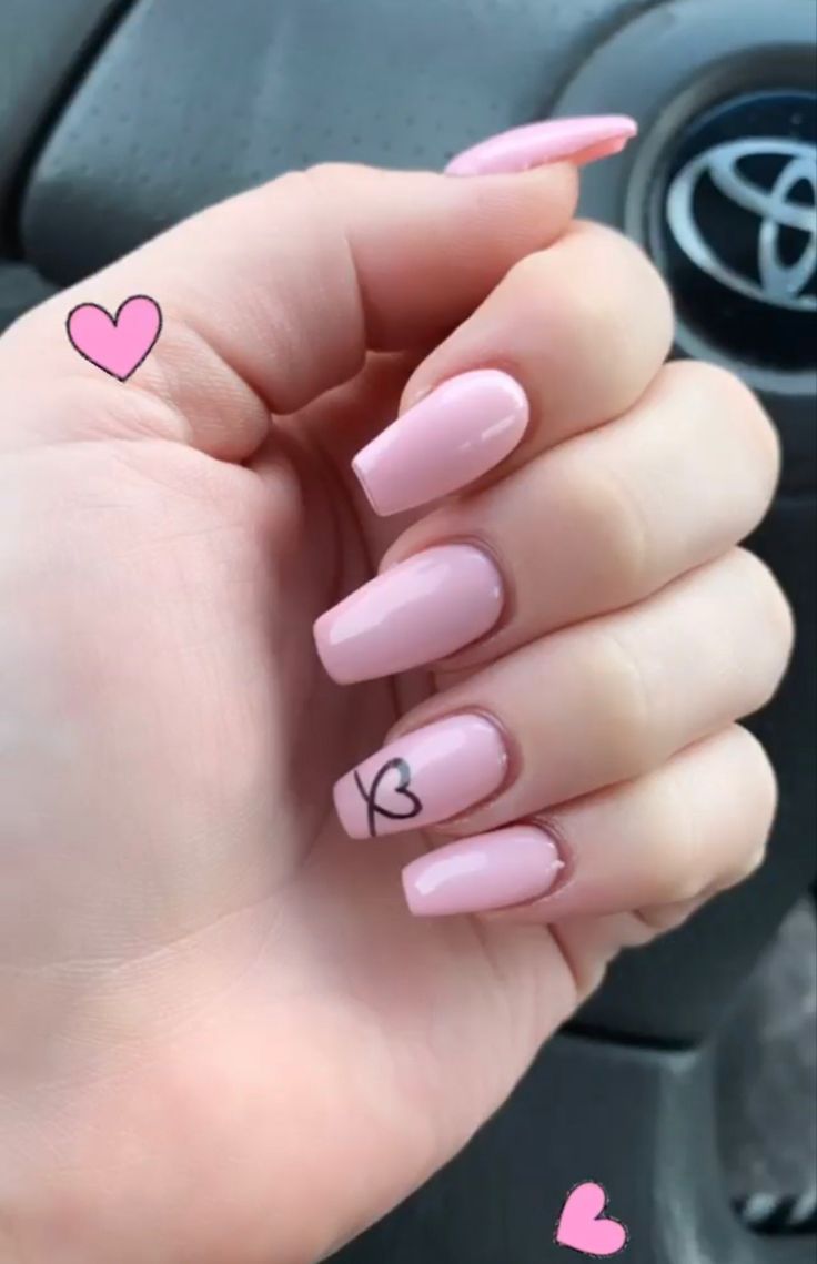 Elegant Pink Manicure with Glossy Long Square Nails and Heart Accent