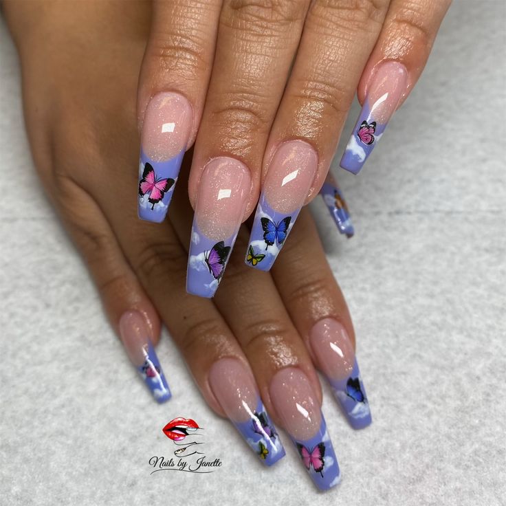 Whimsical Lavender Butterfly-themed Nail Design on Long Square Acrylics.