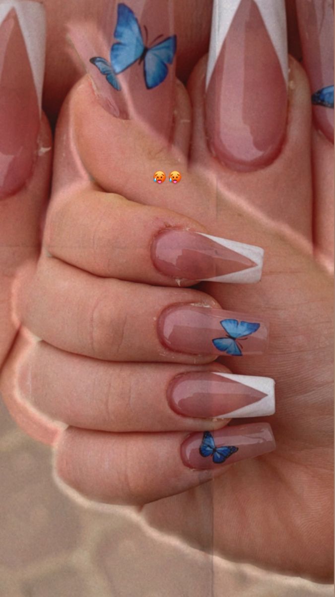 Elegant Glossy Nail Design with Whimsical Pastel Butterfly French Tips.