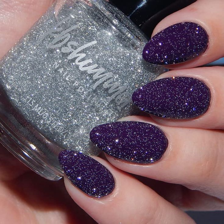 Glamorous Deep Purple and Silver Glitter Nail Design for Elegant Occasions.