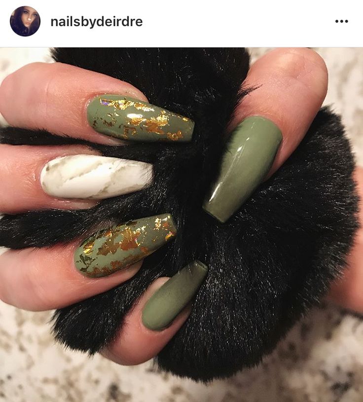 Chic Muted Green and Marble Nail Design with Glamorous Gold Foil Accents