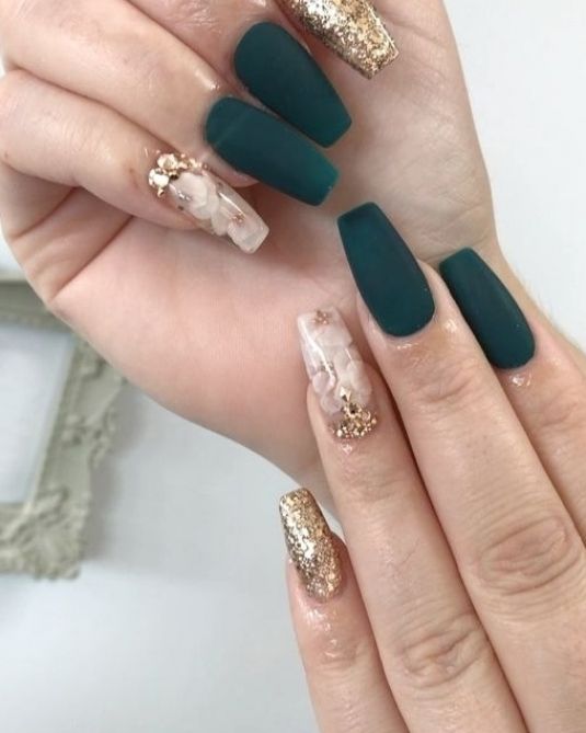 Sophisticated Deep Teal and Gold Glamour Nail Design for Special Occasions