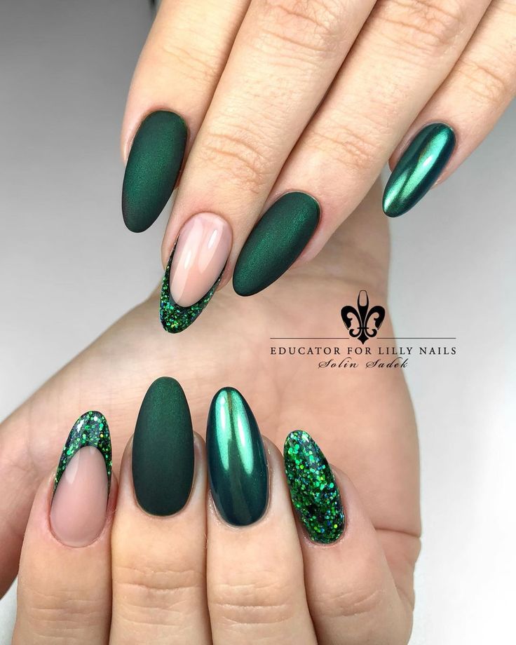 Glamorous Green Nail Design: Striking Matte and Glossy Finishes with Sparkling Glitter Accents.