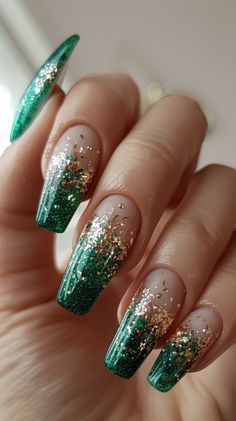 Glamorous Glittery Green and Gold Gradient Nails with Smooth Ombre Effect.