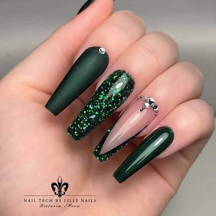 Sophisticated Emerald Green Nail Design with Matte, Glossy, and Glitter Accents.