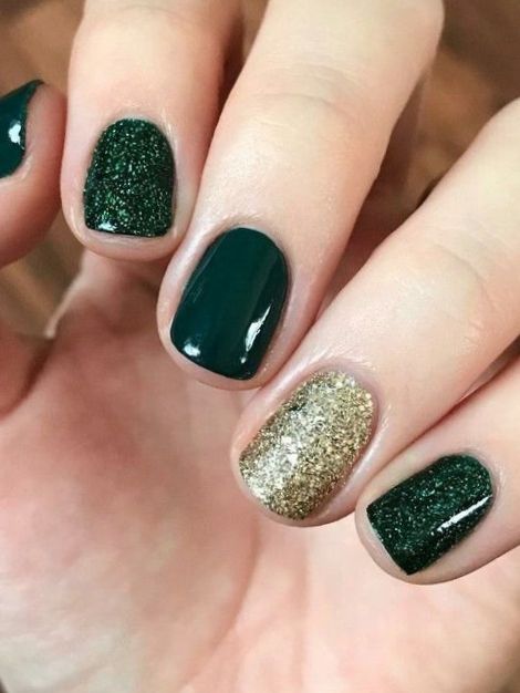 Sophisticated Deep Green Nail Design with Sparkling Gold Accents for Glamorous Occasions