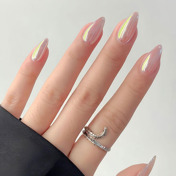 Chic Almond-Shaped Nails with Iridescent Finish and Minimalist Jewelry.