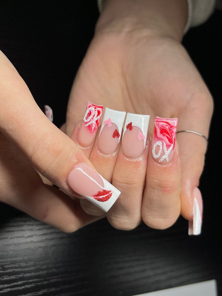 Elegant Long French Tip Nail Design with Vibrant Rose and Heart Accents for a Romantic Touch.