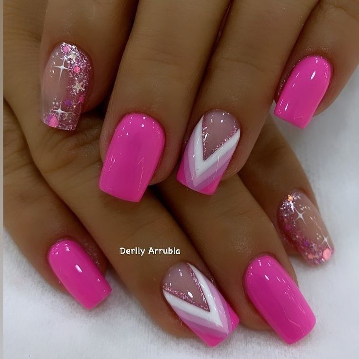 Stylish Vibrant Pink Nail Design with Glossy & Matte Finishes, Sparkly Gradients, Floral Accents, and Bold Geometric Patterns.