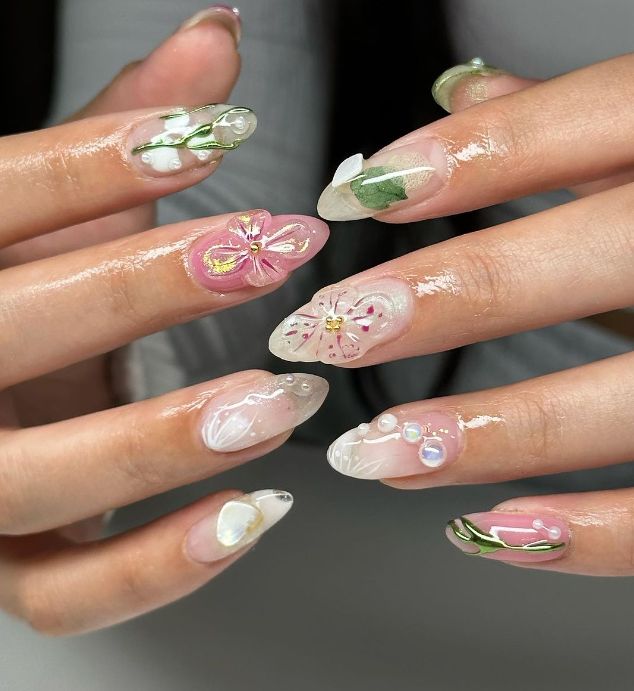 Elegant Pastel Floral Nail Design with Hand-Painted Details and Pearls