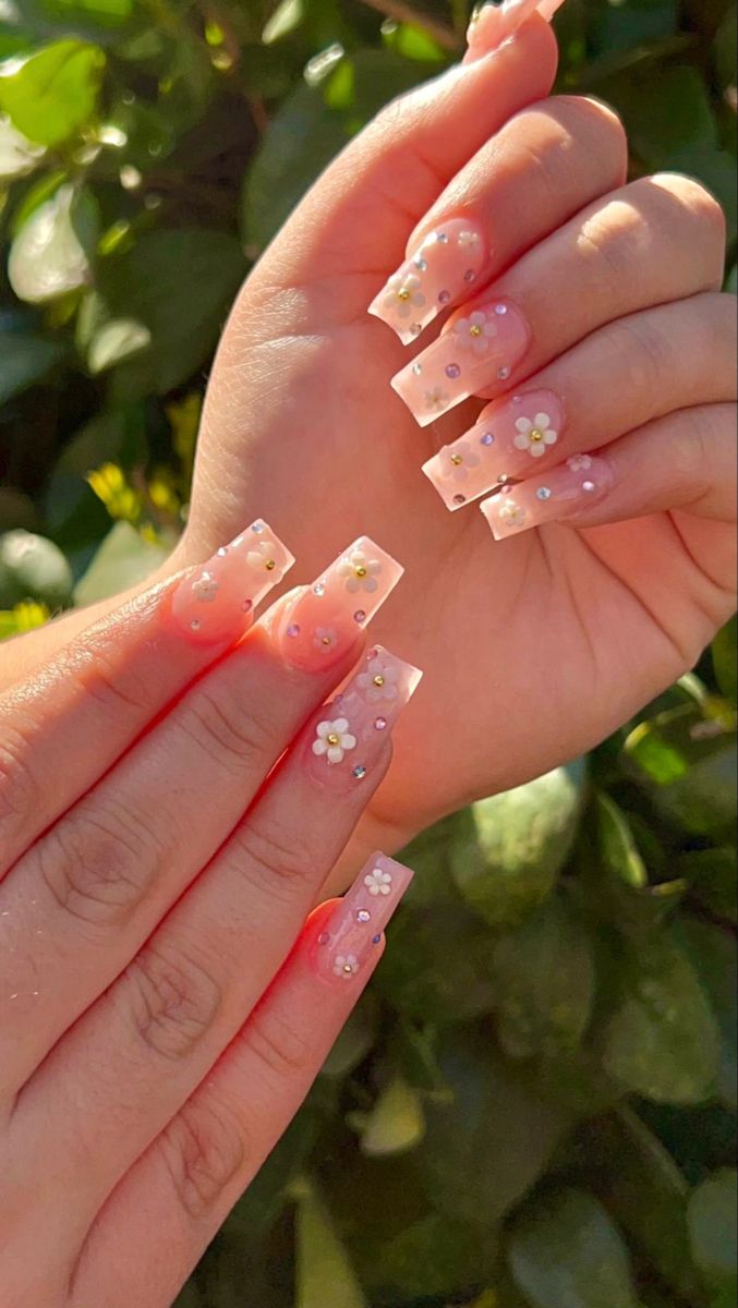 Elegant Floral Ombre Nail Design with White Flowers and Rhinestones