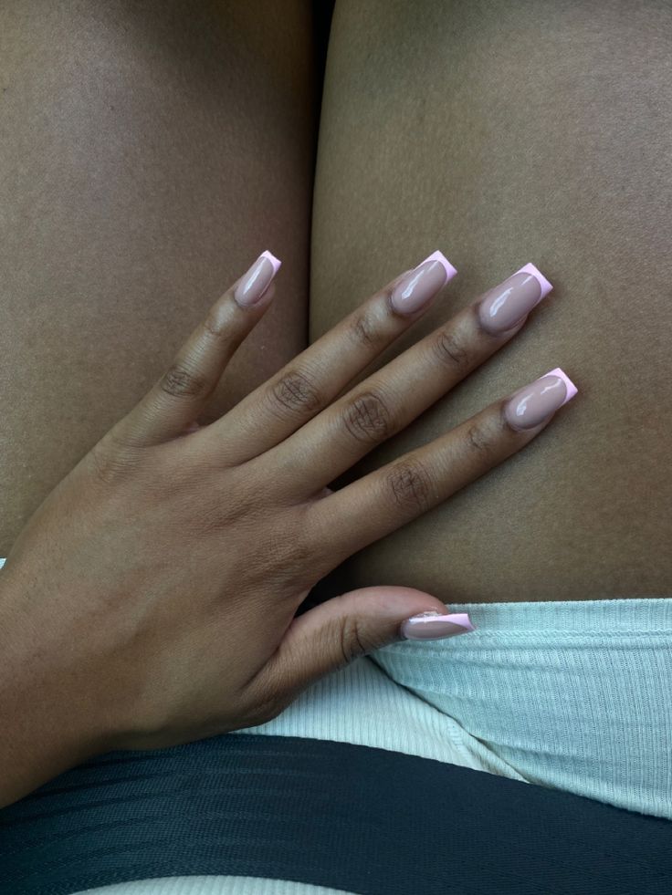 Chic Modern French Manicure: Elegant Long Pink Nails with Delicate White Tips