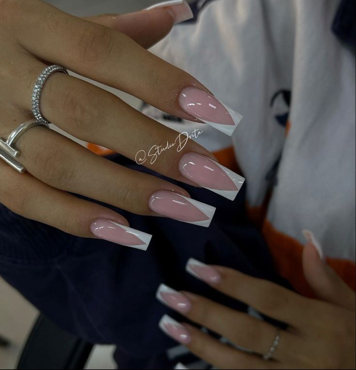 Sophisticated Soft Pink French Tip Acrylic Nails with Glossy Finish.