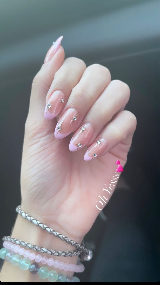 French Tip Acrylic Nails With Rhinestone Almond