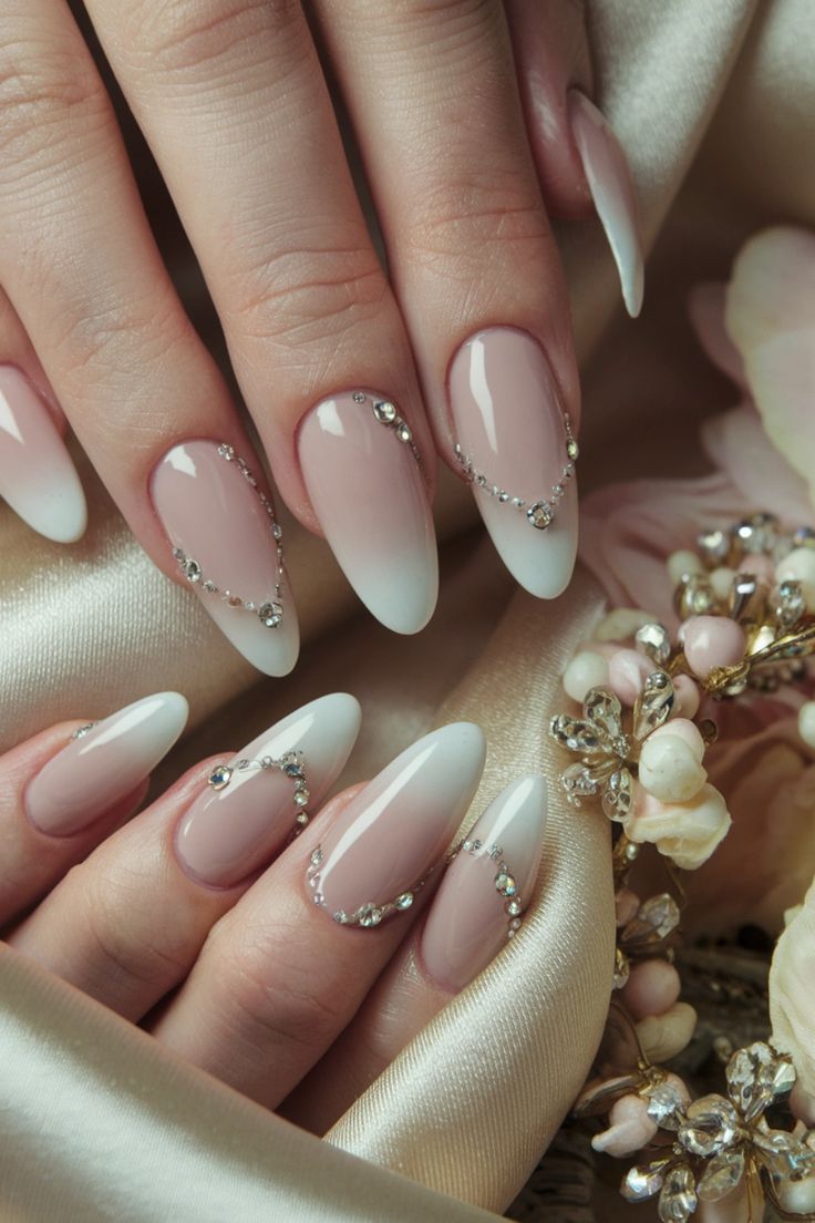 Sophisticated Gradient Nail Design with Rhinestones for Elegant Occasions.