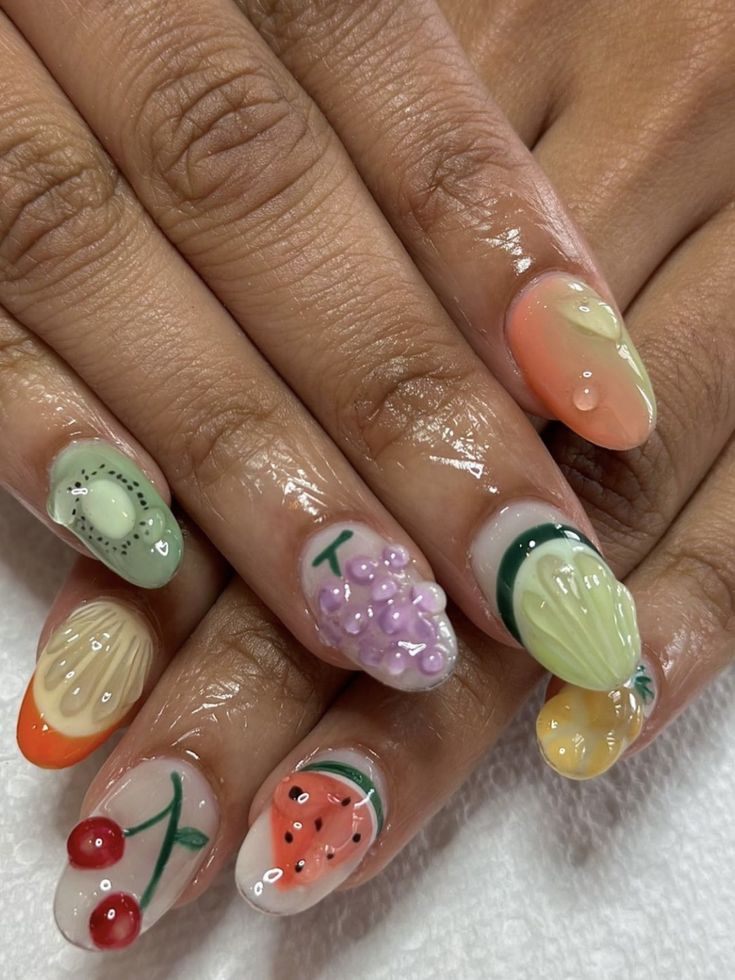 Vibrant Hand-Painted Fruit-Themed Nail Design for a Whimsical Summer Look.