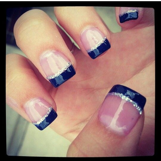 Sophisticated French Manicure Twist with Dark Navy Tips and Sparkling Silver Accents